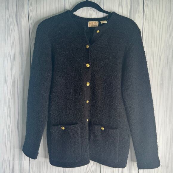 Vintage 80s Kerry N Kelsey Black Gold Buttons Knit Cardigan Sweater Womens Small - Picture 2 of 6